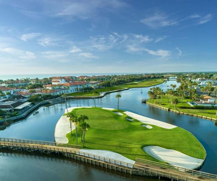 The par-3 ninth hole is the Ocean Course's signature hole, but was significantly enhanced visually with the latest renovation. The island level dropped after course architect Bobby Weed called for the movement of a significant amount of dirt.